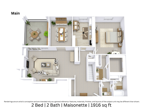 3D floor plan giving an angled view of a two-bedroom, two-bath Maisonette apartment with furniture placement and interior flow across 1,916 Sq. Ft.